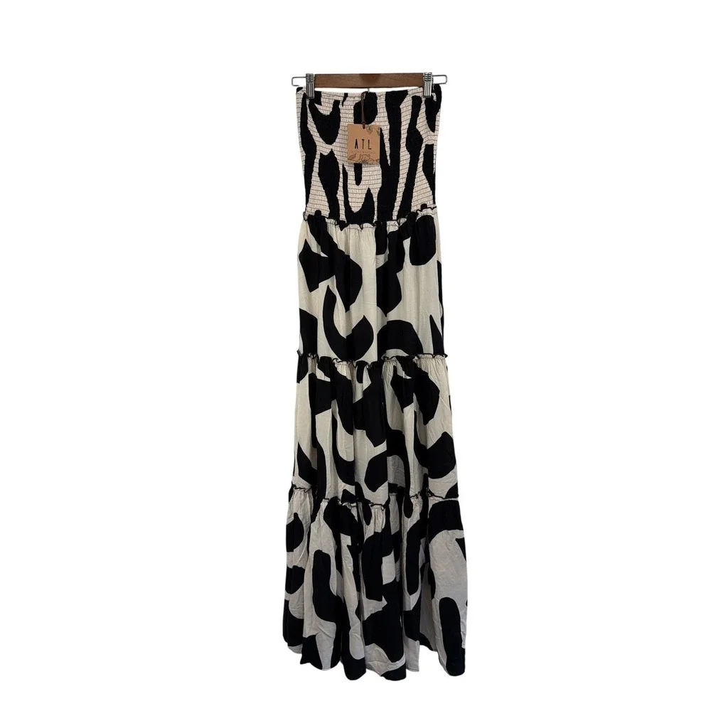Abel The Label Black White Strapless Smocked Tiered Maxi Dress M NWT